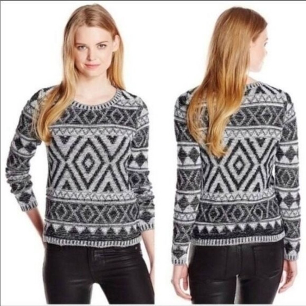 Lucky Brand Gray Black Geometric Long sleeve knit XOXO sweater XL pullover cotto